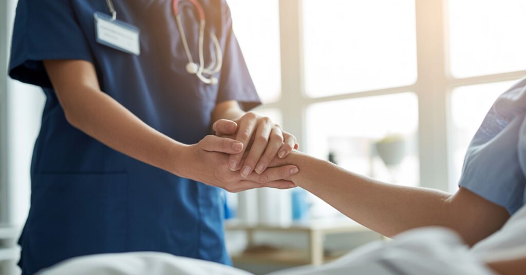 Personalized Care Management Programs: Expert Support for Better Health | ASAAR Medical A compassionate nurse in blue scrubs holding the hand of a patient in a hospital bed, representing professional healthcare support and care management.