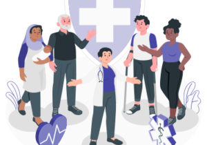 Illustration of a diverse group of people with a doctor, representing healthcare support, encircled by symbols of health insurance, medical care, and cost management.